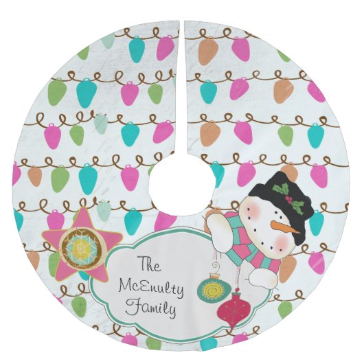 Lights Happy Snowman Custom Holiday Tree Skirt Polyester Weihnachtsbaumdecke (Vorderseite)