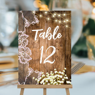 Lights Lace & Gipskraut Wood Wedding Table Tischnummer
