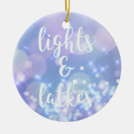 Lights & Latkes - Blauer Glitzern Happy Hanukkah Keramik Ornament