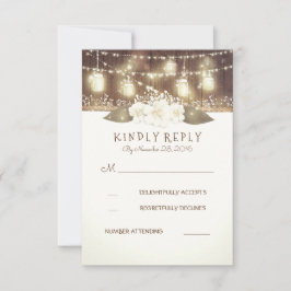 Lights Mason Jars Rustic Wood Barn Wedding RSVP Karte