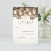 Lights Mason Jars Rustic Wood Barn Wedding RSVP Karte (Stehend Vorderseite)