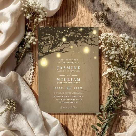 Lights on oak tree Rustic Elegant QR Code Wedding Einladung