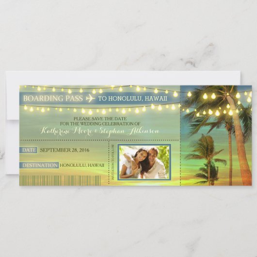 Lights Palms Save the Date Boarding Pass Tickets (Vorderseite)
