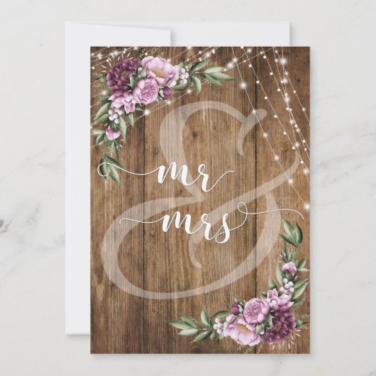 Lights & Pink Peonies Bouquet, Rustikale Holzhochz Einladung (Rückseite)