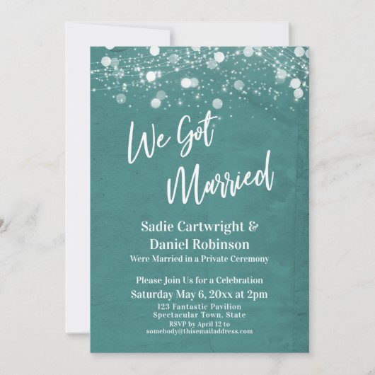 Lights Textured Wir Got Verheiratet Aquamarinen Em Einladung (Vorderseite)