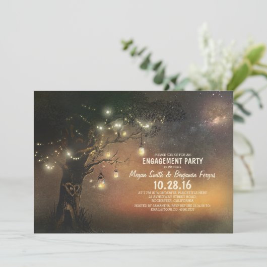 Lights Tree & Mason Jars Rustikale Engagement Part Einladung (Stehend Vorderseite)