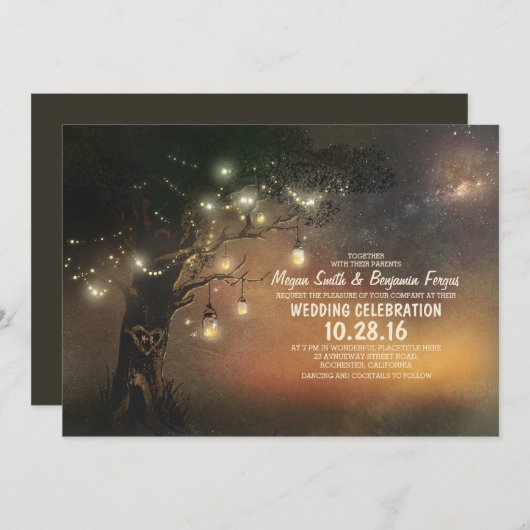 Lights Tree & Mason Jars Rustikale Hochzeitseinlad Einladung (Vorne/Hinten)