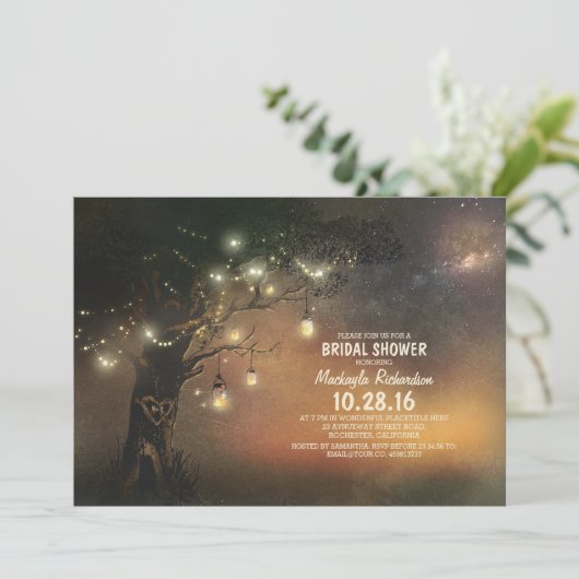 Lights Tree & Mason Jars Rustikales Brautparty Einladung (Stehend Vorderseite)