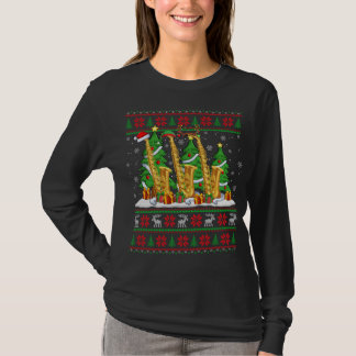Lights Xmas Sweater Style Ugly Santa Saxophone Chr T-Shirt