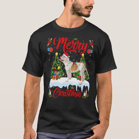 Lights Xmas Tree Santa American Bulldog Weihnachte T-Shirt (Vorderseite)