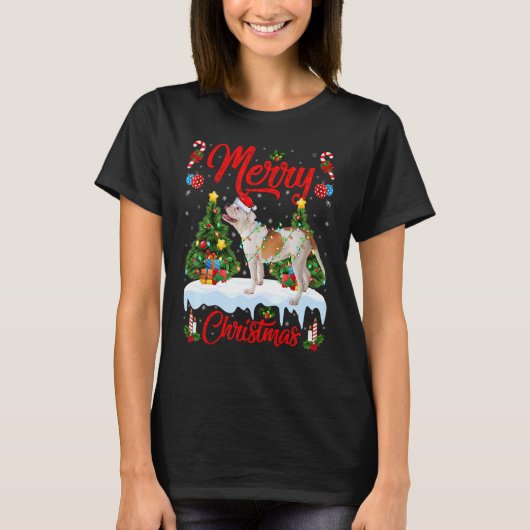 Lights Xmas Tree Santa American Bulldog Weihnachte T-Shirt (Vorderseite)