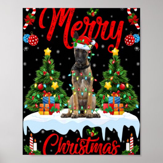 Lights Xmas Tree Santa Belgian Malinois Dog Christ Poster (Vorne)