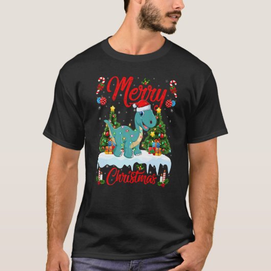 Lights Xmas Tree Santa Brontosaurus Dinosaur Chris T-Shirt (Vorderseite)