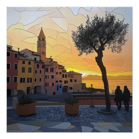 Ligurian Sunset – Stained Glass Style Poster (Vorderseite)