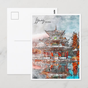 Lijiang China Reiseort Wasserfarbe Postkarte