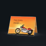 Like a Grandpa, Motorcycle in the sunset birthday Karte<br><div class="desc">A motorbike similar to a Harley standing by the sea with a glorious orange sunset. A great card for anybody who likes biking and motorcycles.See the whole range of cards for ages and relationships in my store. All artwork copyright Norma Cornes</div>