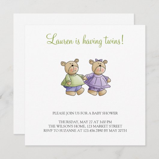 Lil Bären · Baby paart Grün u. Lila Einladung (Vorne/Hinten)