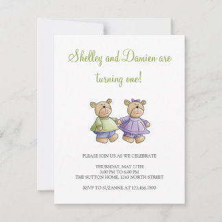 Lil' Bears ・ Baby Twins Green & Lila Einladung