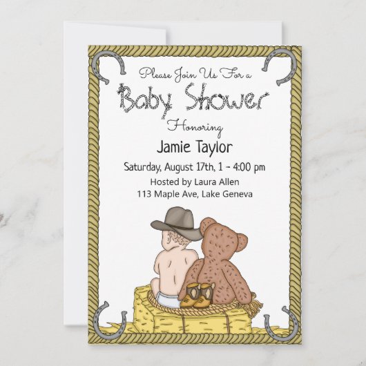 Lil' Cowboy and Teddy Bear Boy's Baby Shower Einladung (Vorderseite)