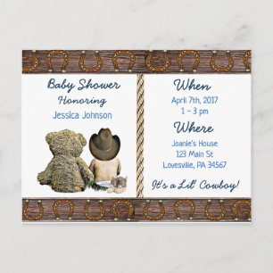 Lil Cowboy Baby Boy and Teddy Bear Baby Shower Einladungspostkarte