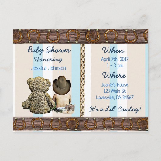 Lil Cowboy Baby Boy and Teddy Bear Baby Shower Einladungspostkarte (Vorderseite)