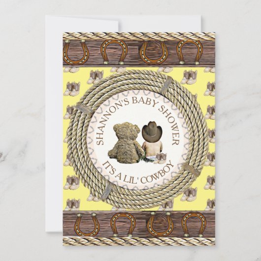 Lil' Cowboy Rustikales Land und Western Babydusche Einladung (Vorderseite)