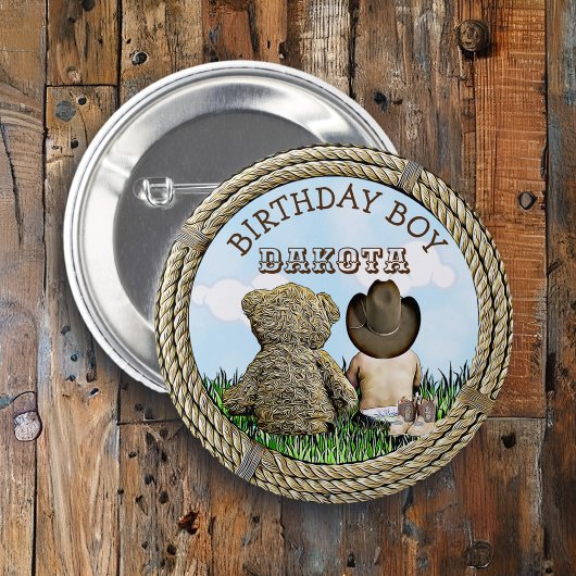 Lil' Cowboy und Teddy Bear Boy's Birthday Boy Button