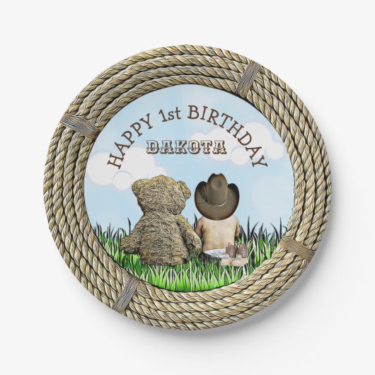 Lil' Cowboy und Teddy Bear Boy's First Birthday Pappteller (Vorderseite)
