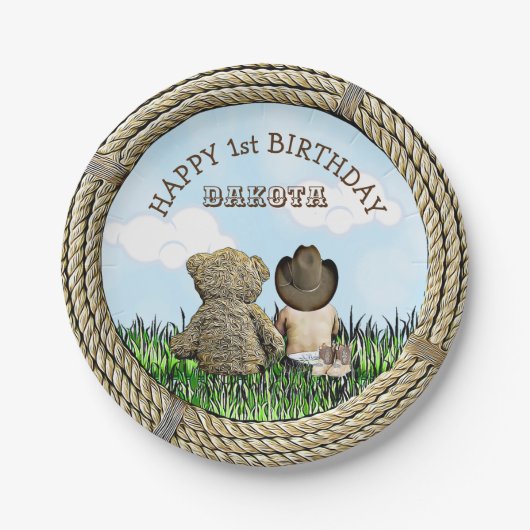 Lil' Cowboy und Teddy Bear Boy's First Birthday Pappteller (Vorderseite)