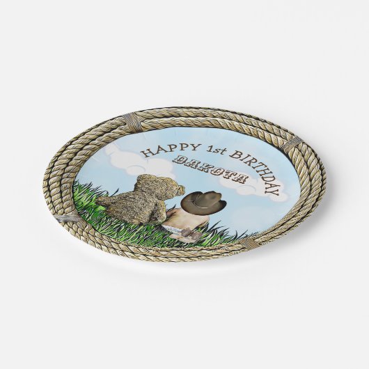 Lil' Cowboy und Teddy Bear Boy's First Birthday Pappteller (Schrägansicht)