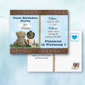 Lil Cowboy und Teddy Bear Erster Geburtstag Einlad Einladungspostkarte