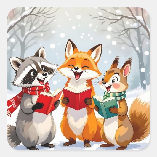 Lil Forest Animals singen Weihnachtslieder Quadratischer Aufkleber (Vorderseite)