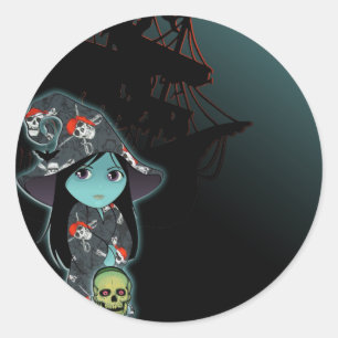 Lil' Hexe in Pirate Skull Robe Halloween Runder Aufkleber