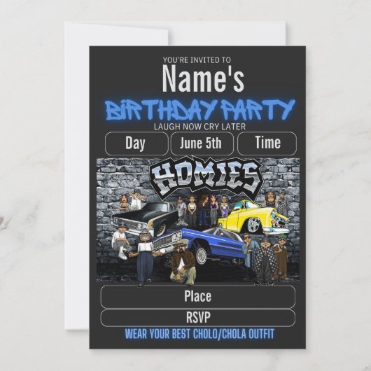 Lil Homies Birthday Invitation, Cholo 90s Theme Einladung (Vorderseite)