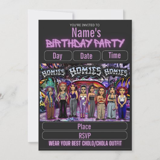 Lil Homies Chicanas Party Invitation 90s Theme Einladung (Vorderseite)