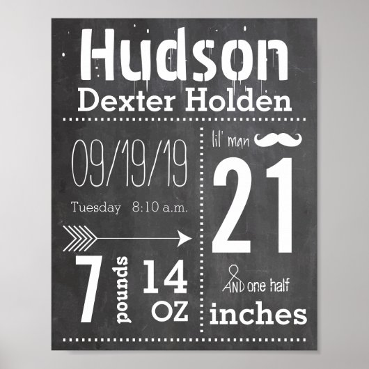 Lil Man Mustache Chalkboard Boy Baby Stat Arrow Poster (Vorne)