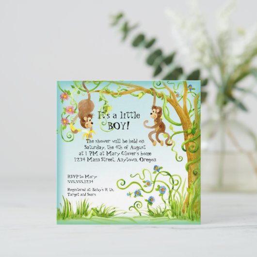 Lil Monkey, Boy Baby Shower Einladung (Stehend Vorderseite)
