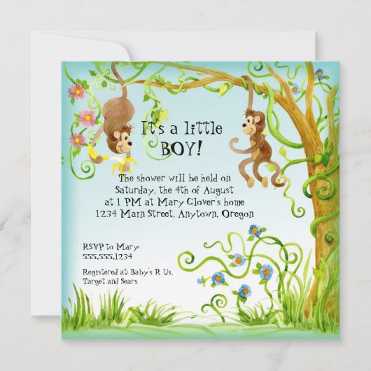 Lil Monkey, Boy Baby Shower Einladung (Vorderseite)