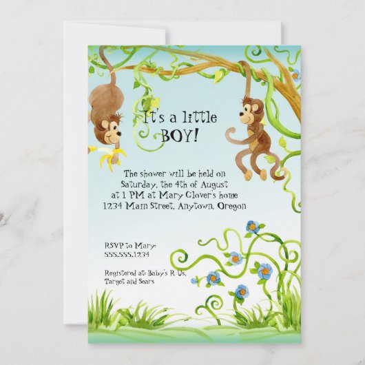 Lil Monkey, Boy Baby Shower Einladung (Vorderseite)