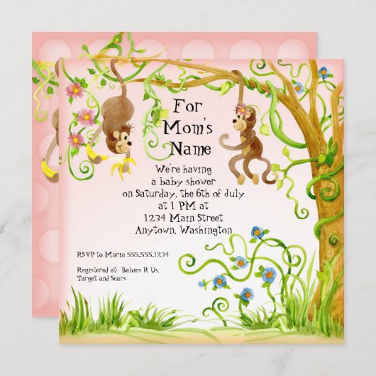 Lil Monkey, Girl Baby Shower Einladung (Vorne/Hinten)