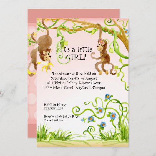Lil Monkey, Girl Baby Shower Einladung (Vorne/Hinten)