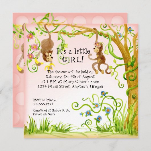 Lil Monkey, Girl Baby Shower Einladung (Vorne/Hinten)