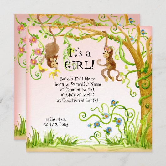 Lil Monkey, Girl Birth Ankündigung (Vorne/Hinten)