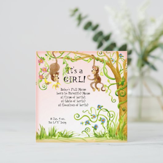 Lil Monkey, Girl Birth Ankündigung (Stehend Vorderseite)