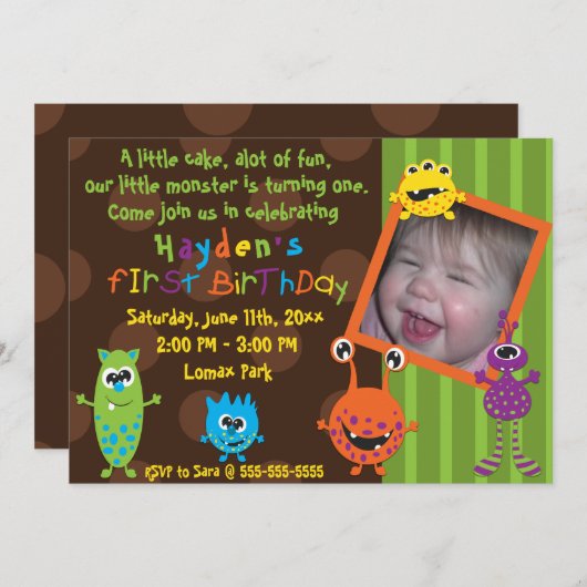 Lil Monster-erster Geburtstag Einladung (Vorne/Hinten)