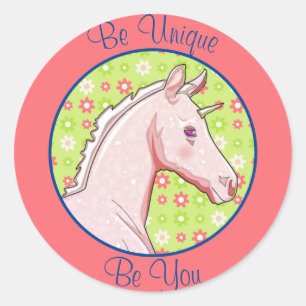 Lil Pink Palomino Einhorn (grün mit Blume) Runder Aufkleber