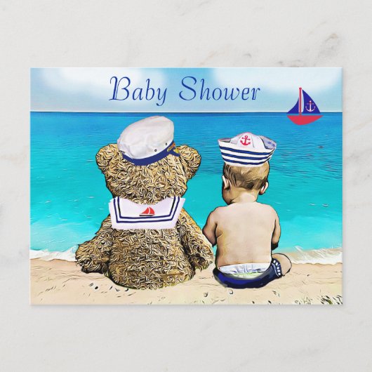 Lil' Sailor and Teddy Bear Baby Showeinladungen Postkarte (Vorderseite)
