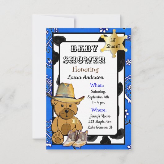 Lil' Sheriff Teddy Bear Cowboy Baby Shower Einladung (Vorderseite)