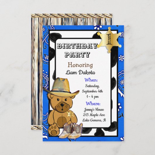 Lil' Sheriff Teddy Bear Cowboy Einladung (Vorne/Hinten)