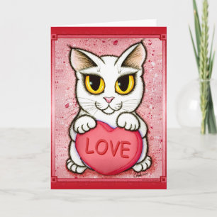 Lil Valentine White Cat Candy Heart Love Art Card Feiertagskarte